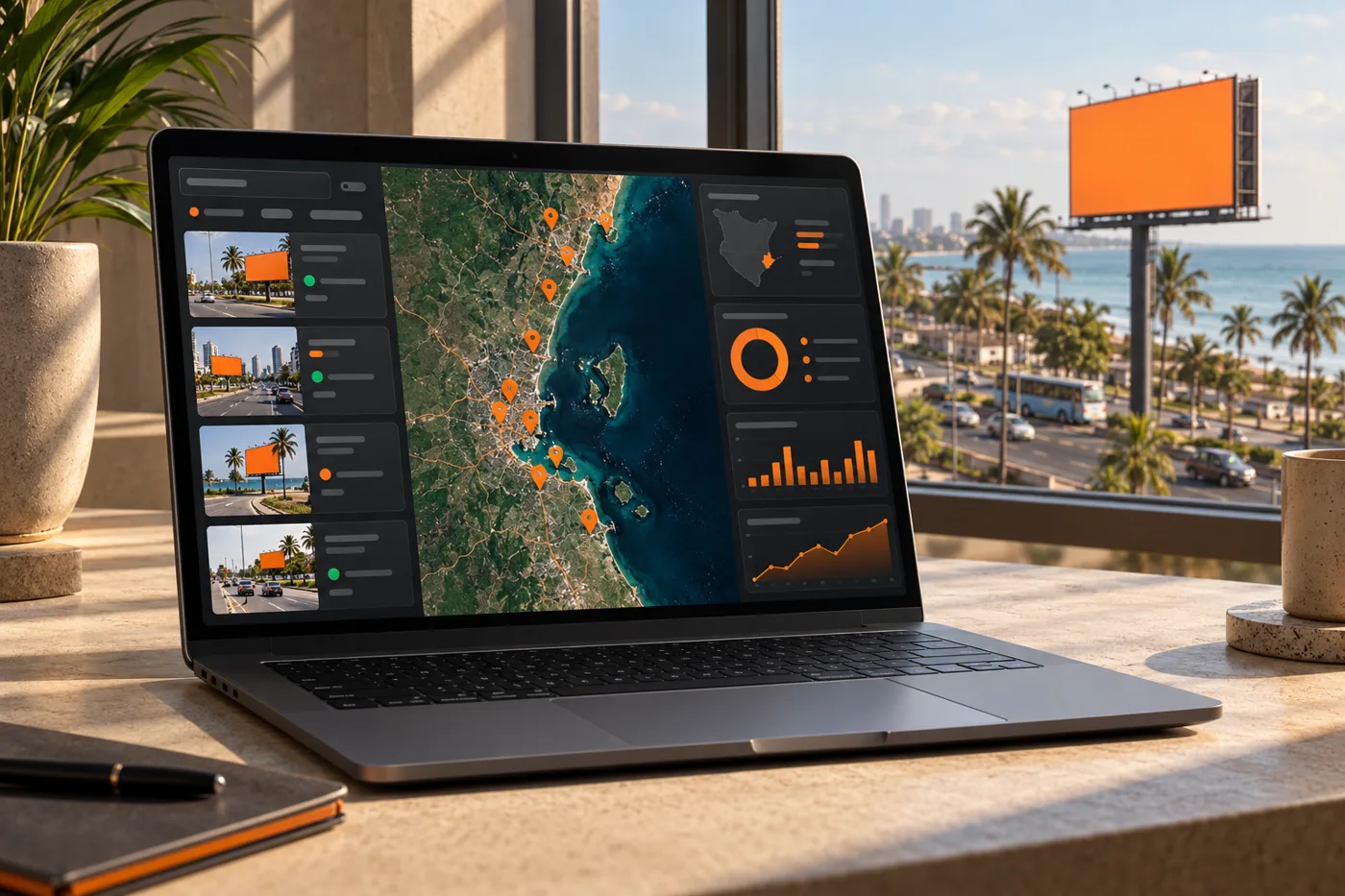 Illustrative billboard inventory dashboard and coastal roadside billboard