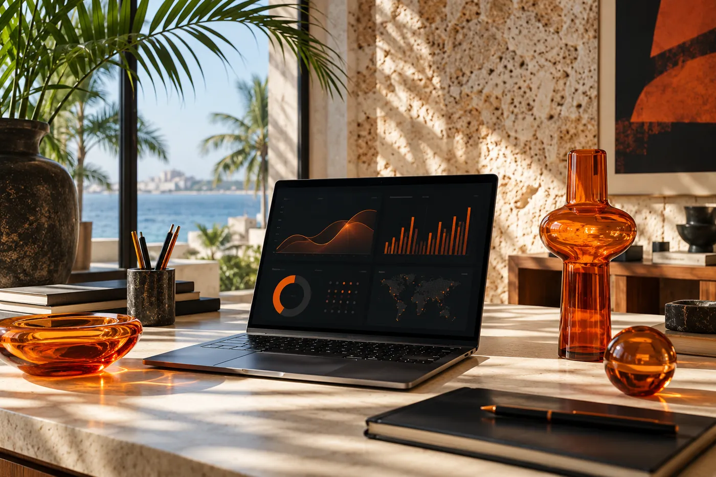 Illustrative technology studio with a laptop and orange objects